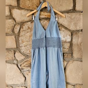 Guess Wide Leg Lightweight Denim Halter Jumpsuit